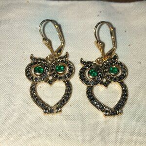 Earrings Owl sparkly Gold tone and Green